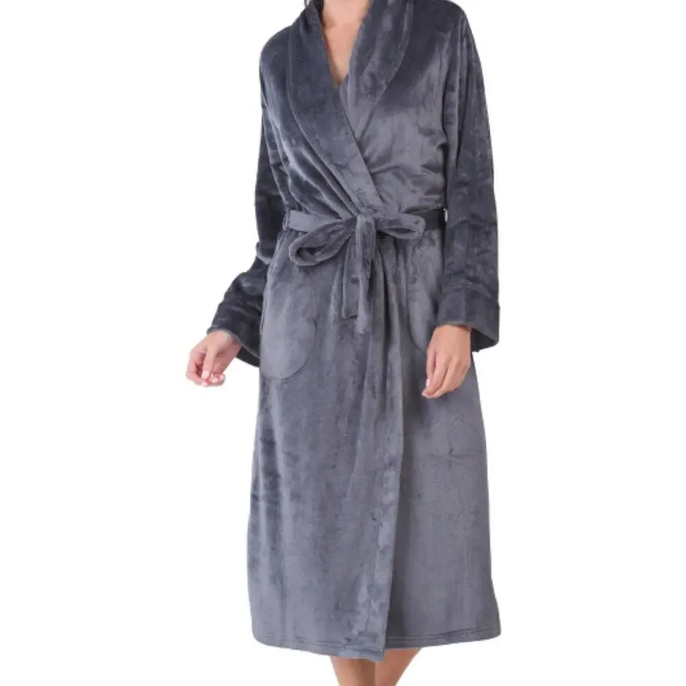 Miss Elaine Luxury Fleece Long Robe Ultra Soft Pewter Gray Size Medium - Picture 3 of 12
